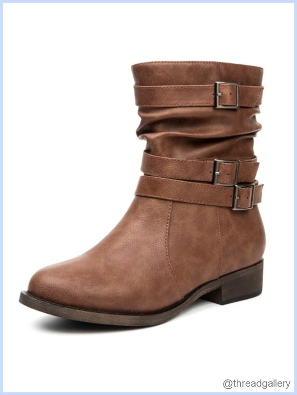 Women's Mid-Calf Boots Low Chunky Heel Faux Leather Slouchy Motorcycle Boot